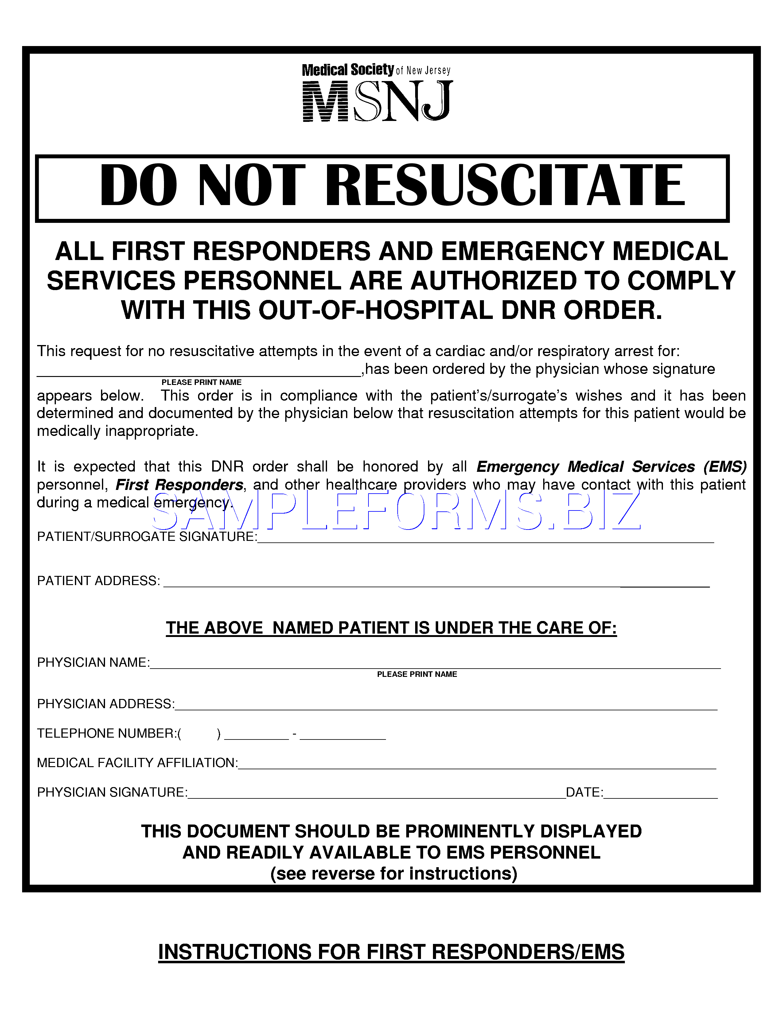 Preview free downloadable New Jersey Do Not Resuscitate Form in PDF (page 1)
